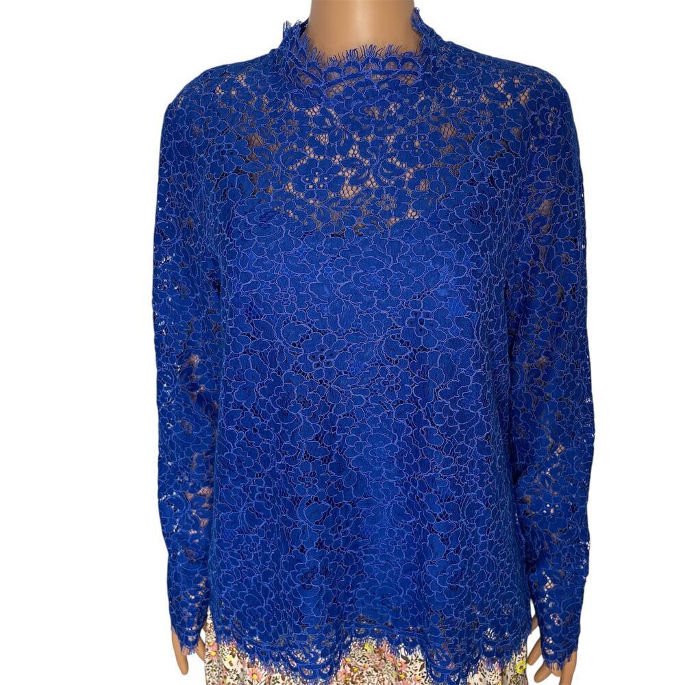 J. Crew Lace Top Long Sleeve Blue size 8 scalloped mock neck New - Picture 2 of 10